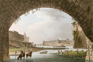 Panorama del fiume Senna visto da sotto il Pont Neuf verso ovest verso il Louvre, La Monnaie e il Collège des Quatre Nations, illustrazione per 